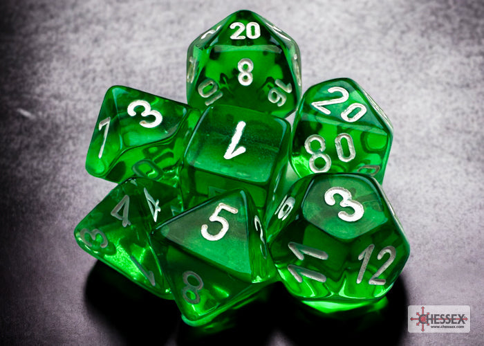 Translucent Green/white Mini-Polyhedral 7-Die Set (Mini Poly Release 3) (Online Only)