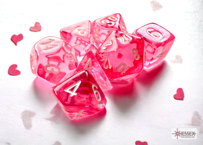 Translucent Pink/white Mini-Polyhedral 7-Die Set (Mini Poly Release 3) (Online Only)