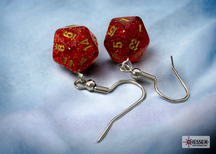 *Preorder* Hook Earrings Glitter Ruby Mini-Poly d20 Pair (Online Only)