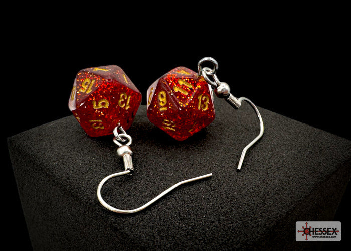 *Preorder* Hook Earrings Glitter Ruby Mini-Poly d20 Pair (Online Only)