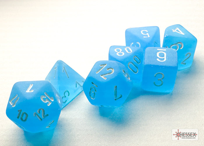 Frosted Caribbean Blue/white Mini-Polyhedral 7-Die Set (Mini Poly Release 3) (Online Only)