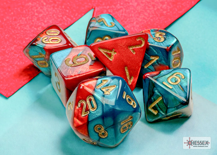 Gemini Red-Teal/gold Mini-Polyhedral 7-Die Set (Mini Poly Release 3) (Online Only)