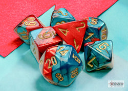 Gemini Red-Teal/gold Mini-Polyhedral 7-Die Set (Mini Poly Release 3) (Online Only)