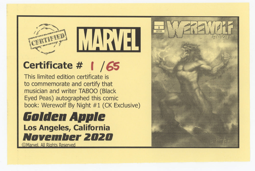 Werewolf By Night #1 (Of 4) Marvel 2020 Lucio Parrillo Variant NM Signed Taboo Black Eyed Peas COA (ONLINE ORDER ONLY)