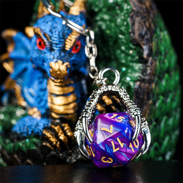 Claw Blended Purple D20 Keychain Featuring Silver Metal Dragon Claw + d20 (Online Only)