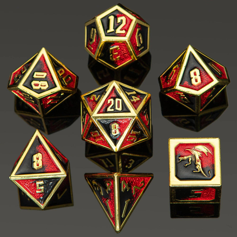 Draconis Solid Metal Polyhedral Dice Set - Gold, Red & Black (ONLINE ORDER ONLY)
