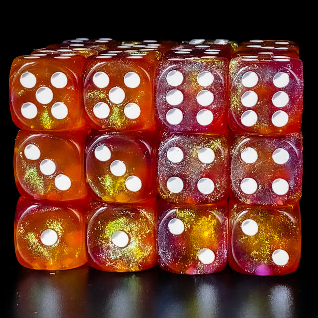 Purple & Orange 16mm Glitter Pipped Dice (Online Only)