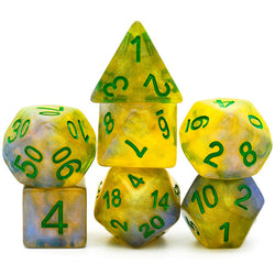 Blue & Yellow w/green Galaxy Glitter 7-Dice Set RPG (Online Only)