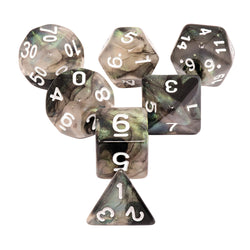 Stellar Explosion 7-Dice Set Black/Silver w/White Numbers Dnd Dice Set (Blacklight reactive) (Online Only)