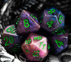 Purple & Blue w/green Galaxy Glitter 7-Dice Set RPG (Online Only)