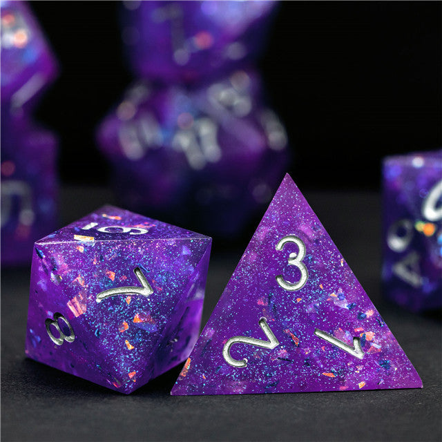 Purple Glitter Sharp Edge DND Dice Set | Gold Flake w/Silver Numbers (Online Only)