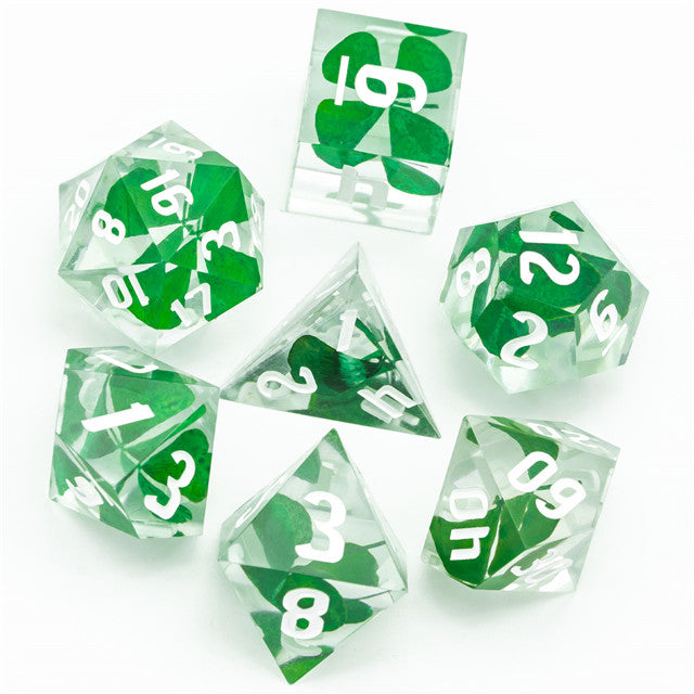 Real Four Leaf Clover 7-Dice Set Sharp Resin RPG DND (Online Only)