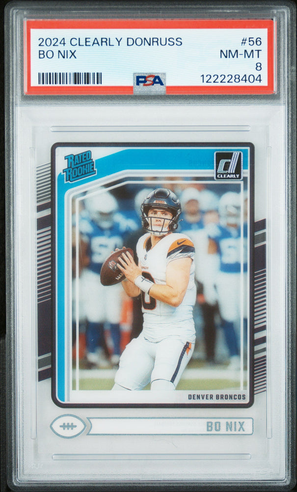 Graded 2024 Panini Clearly Donruss Bo Nix #56 Rookie RC Football Card PSA 8 Near Mint (ONLINE ORDER ONLY)