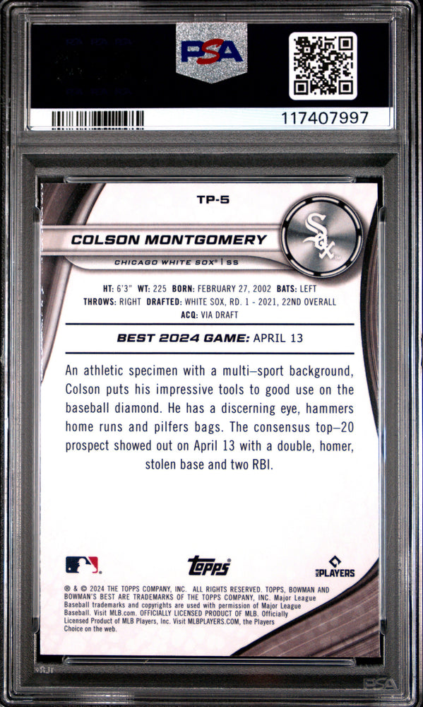 Graded 2024 Topps Bowmans Best Colson Montgomery #TP5 Top Prospects Aqua Lava /199 Rookie RC Baseball Card PSA 10 Gem Mint (ONLINE ORDER ONLY)
