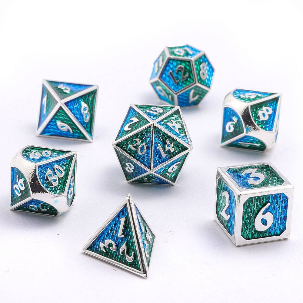 Solid Metal Mini Behemoth Dice set - Silver with Green Blue (ONLINE ORDER ONLY)