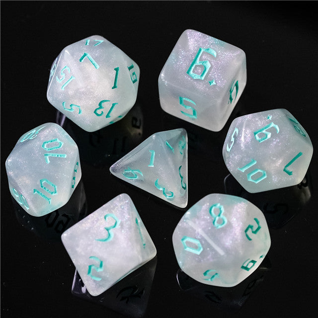 Glitter Party White Glitter Dice (Mint font) 7-Dice Set RPG DND (Online Only)