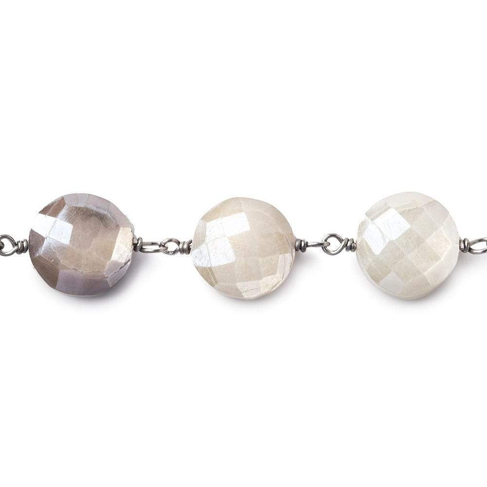 10-11mm Silver Mystic Multi Moonstone faceted coin Black Gold .925 Silver Chain by the foot 20 beads (ONLINE ORDER ONLY)