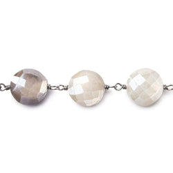 10-11mm Silver Mystic Multi Moonstone faceted coin Black Gold .925 Silver Chain by the foot 20 beads (ONLINE ORDER ONLY)