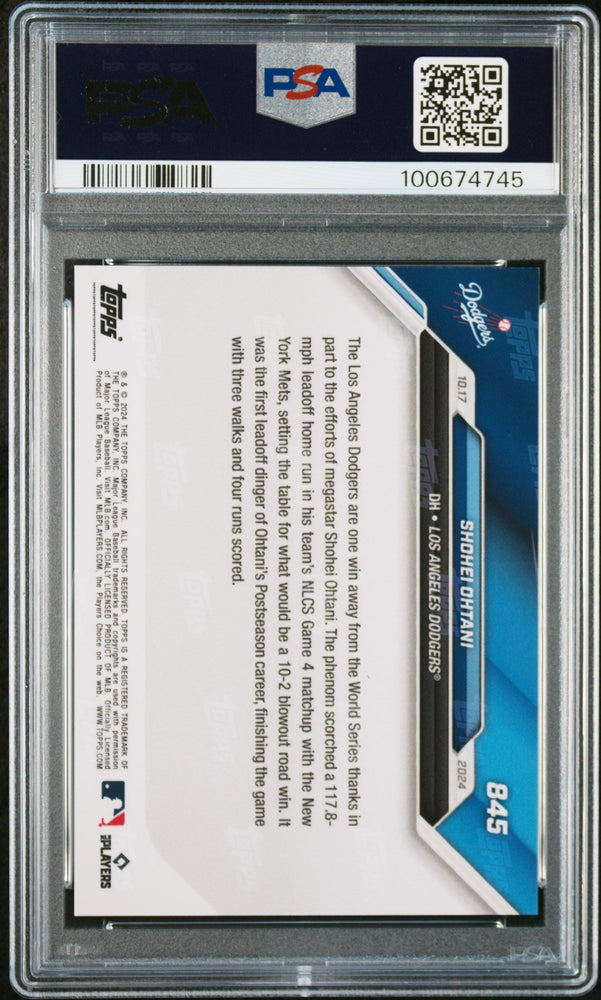 Graded 2024 Topps Now Shohei Ohtani #845 Hits 1st Leadoff HR of Postseason Career in Rout NLCS Baseball Card PSA 10 Gem Mint (ONLINE ORDER ONLY)