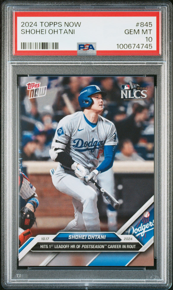 Graded 2024 Topps Now Shohei Ohtani #845 Hits 1st Leadoff HR of Postseason Career in Rout NLCS Baseball Card PSA 10 Gem Mint (ONLINE ORDER ONLY)