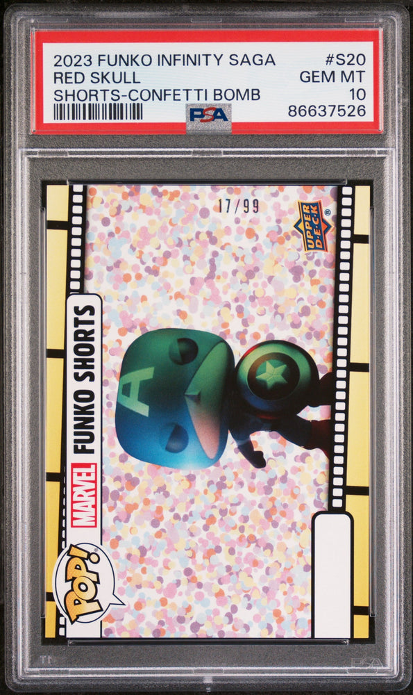 2023 UPPER DECK FUNKO POP MARVEL  SHORTS RED SKULL SHORTSCONFETTI BOMB #S20  PSA 10 (Online Order Only)