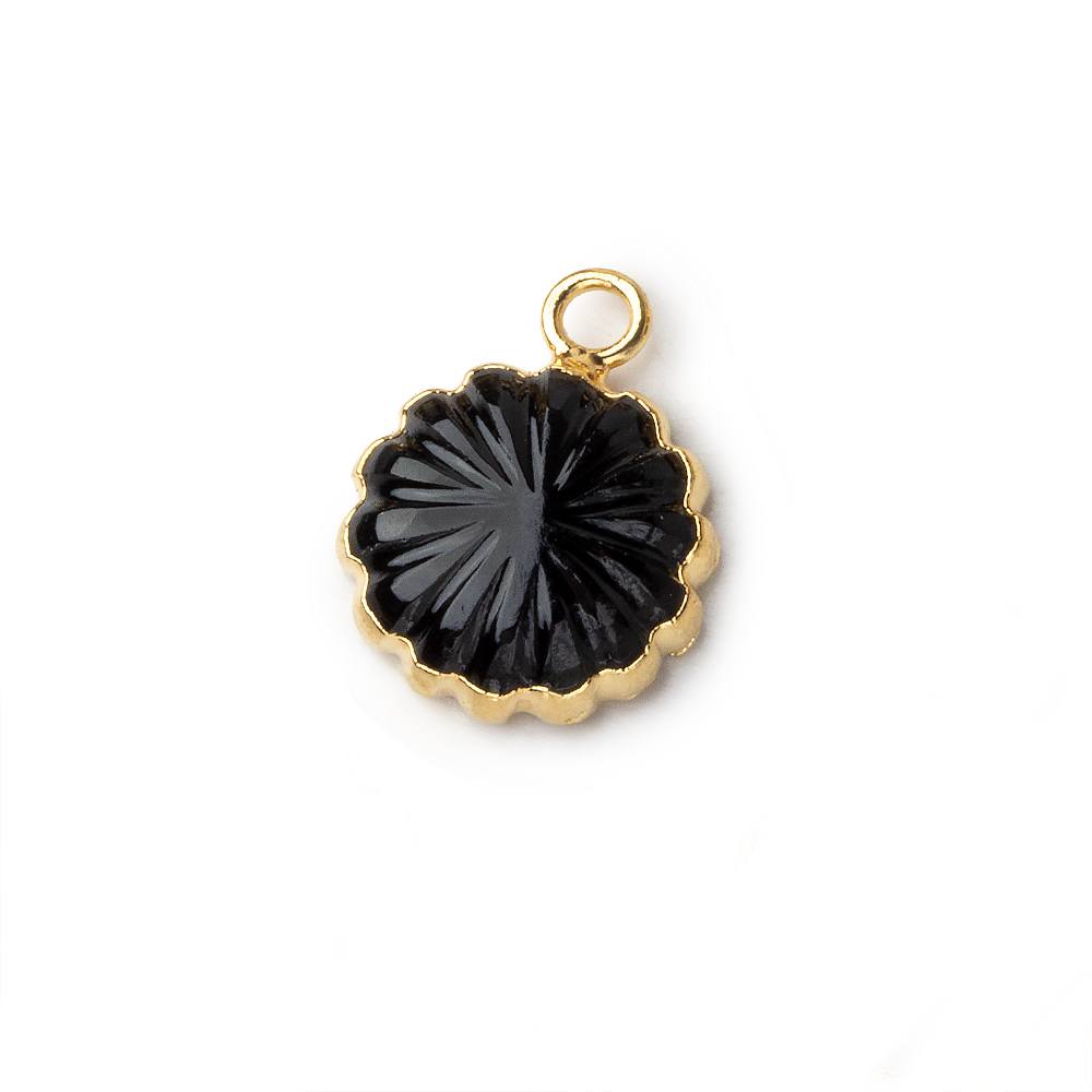 12mm 22kt Gold Leafed Black Chalcedony carved floral coin Pendant 1 focal bead (ONLINE ORDER ONLY)