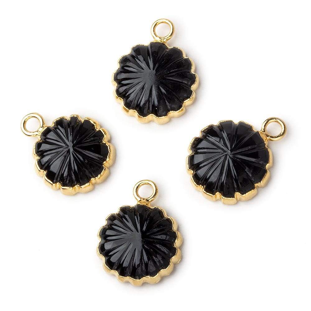 12mm 22kt Gold Leafed Black Chalcedony carved floral coin Pendant 1 focal bead (ONLINE ORDER ONLY)