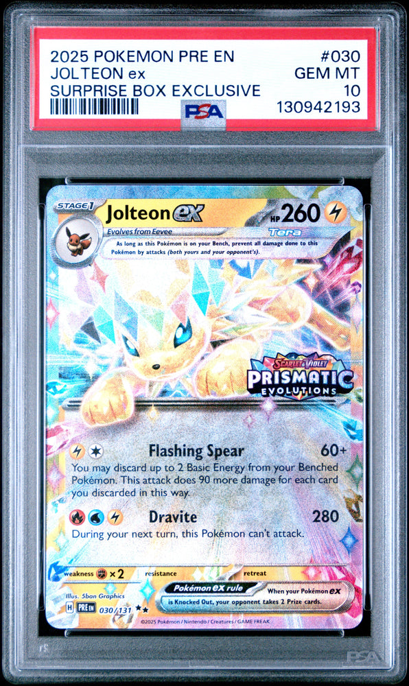 Graded 2025 PKM PRE EN Jolteon ex #030 Surprise Box Exclusive Prismatic Evolutions Trading Card Game PSA 10 Gem Mint (ONLINE ORDER ONLY)