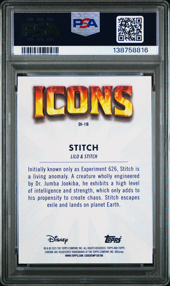 Graded 2025 Topps Chrome Disney Stitch #18 Icons Lilo & Stitch Trading Card PSA 10 Gem Mint