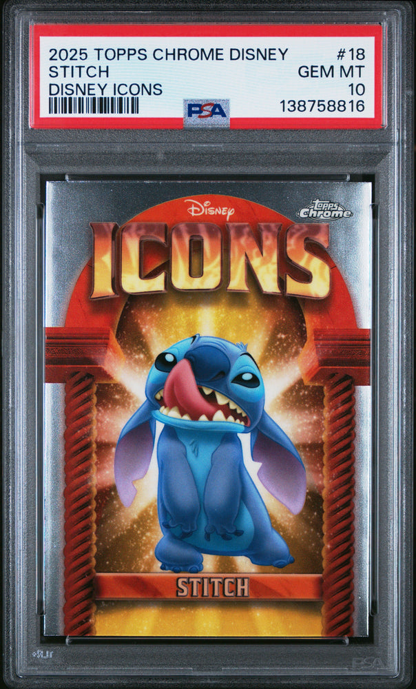 Graded 2025 Topps Chrome Disney Stitch #18 Icons Lilo & Stitch Trading Card PSA 10 Gem Mint
