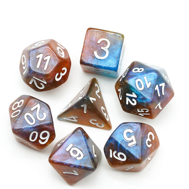 Brown & Blue w/white Galaxy Glitter 7-Dice Set RPG (Online Only)