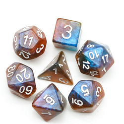 Brown & Blue w/white Galaxy Glitter 7-Dice Set RPG (Online Only)