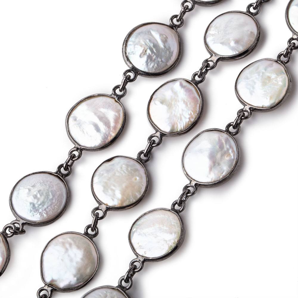 13mm White Coin Freshwater Pearls Black Gold .925 Bezeled Chain Lot of 3 Feet (ONLINE ORDER ONLY)