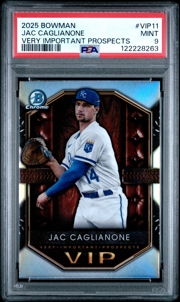 Graded 2025 Topps Bowman Jac Caglianone #VIP11 Very Important Prospects Rookie RC Baseball Card PSA 9 Mint (ONLINE ORDER ONLY)