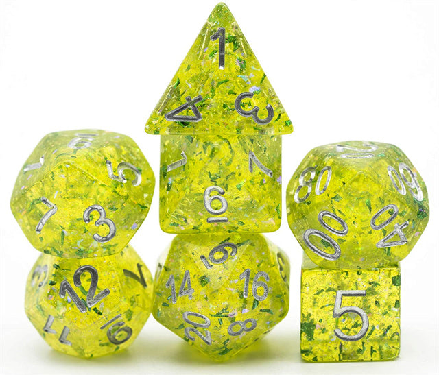 Green Cloud Brocade Powder 7-Dice Dnd Dice | Glitter w/Silver Numbers Set (Online Only)