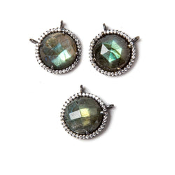 15mm Black Gold Bezeled CZ & Labradorite Coin Connector 1 pc (ONLINE ORDER ONLY)