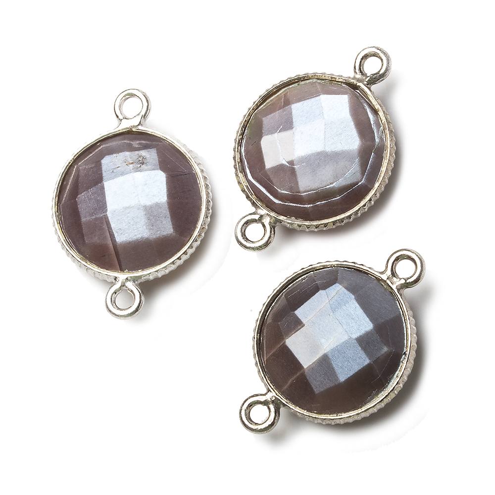 15mm Silver Corrugated Bezel Chocolate Moonstone coin 2 ring Connector 1 pc (ONLINE ORDER ONLY)