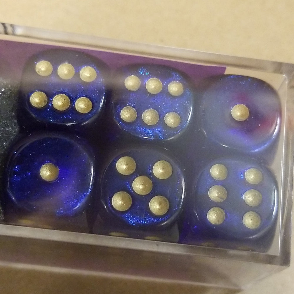 Borealis Royal Purple/gold 16mm d6 Dice Block (12 Dice) New Glitter non-Luminary (Online Only)