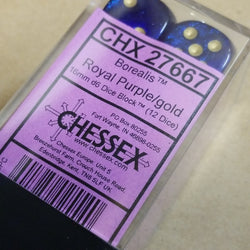 Borealis Royal Purple/gold 16mm d6 Dice Block (12 Dice) New Glitter non-Luminary (Online Only)