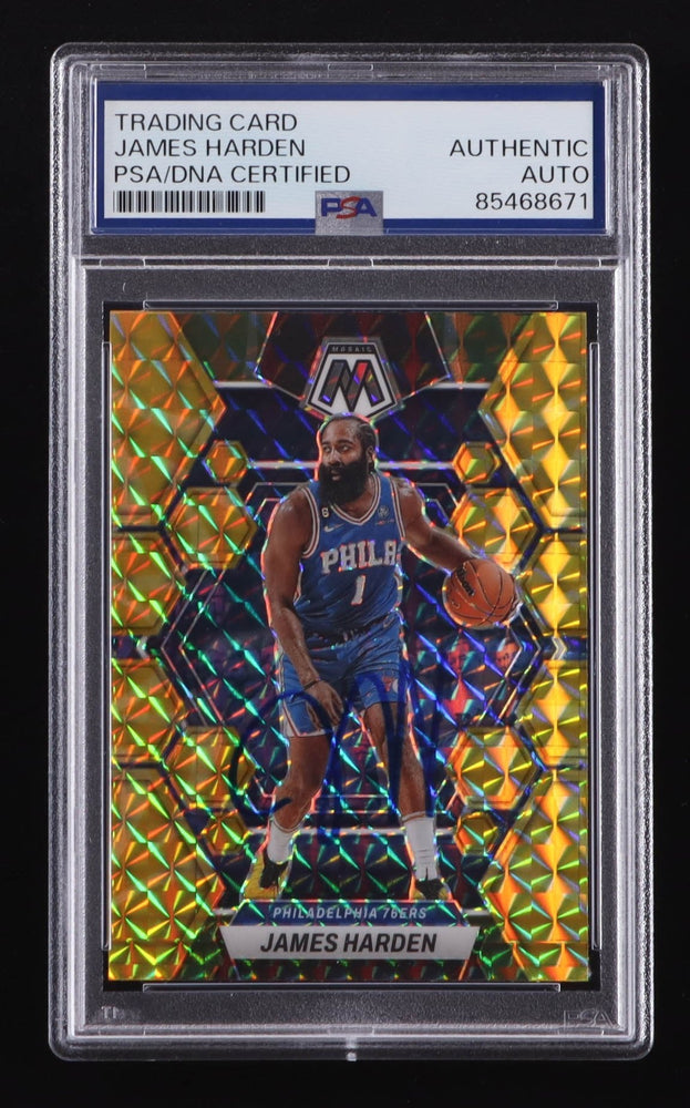 James Harden Signed 2022-23 Panini Mosaic Reactive Yellow #55 (PSA) (Online Order Only)