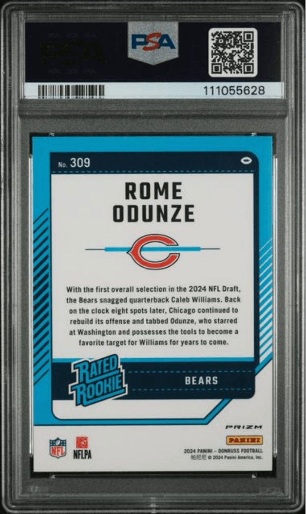 Graded 2024 Panini Donruss Rome Odunze #309 Optic Preview Blue Scope Rookie RC Football Card PSA 10 Gem Mint