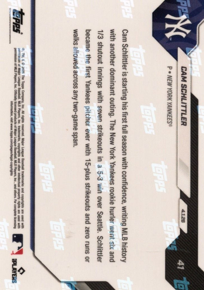2026 Topps Now Cam Schlittler #41 Gold Foil /50 Yankees First: 15+ K, 0 R, 0 BB in 2 Start Span New York Yankees Rookie RC Baseball Card