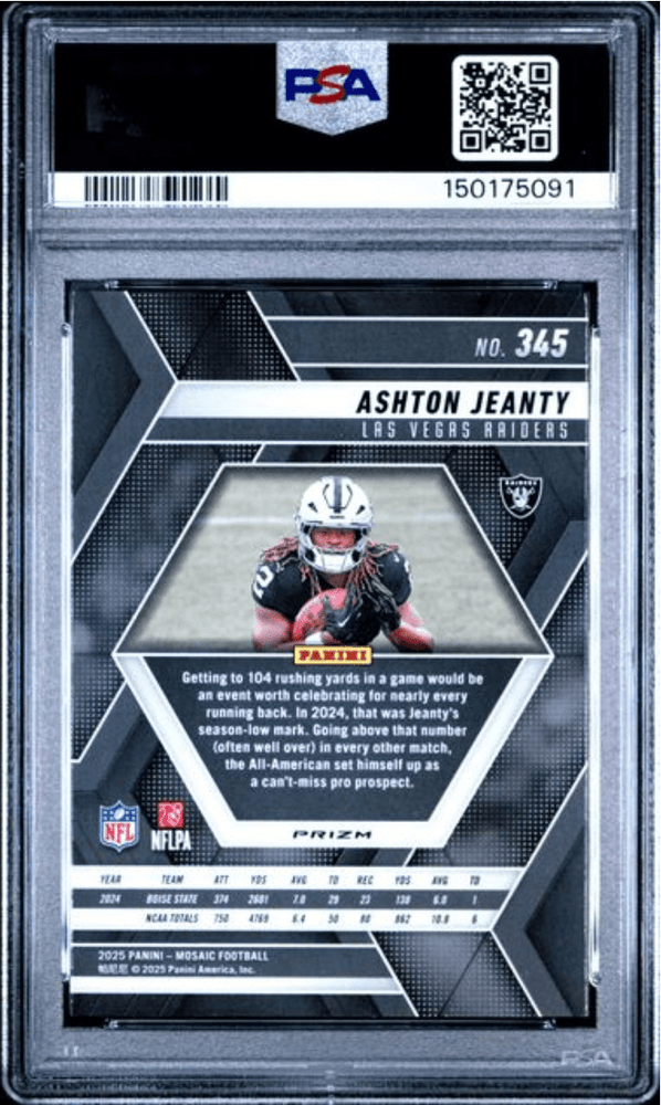 Graded 2025 Panini Mosaic Ashton Jeanty #345 Red & Green Choice Rookie RC Football Card PSA 10 Gem Mint