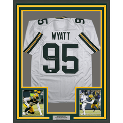 Framed Autographed/Signed Devonte Wyatt 35x39 Green Bay White Football Jersey Beckett BAS COA