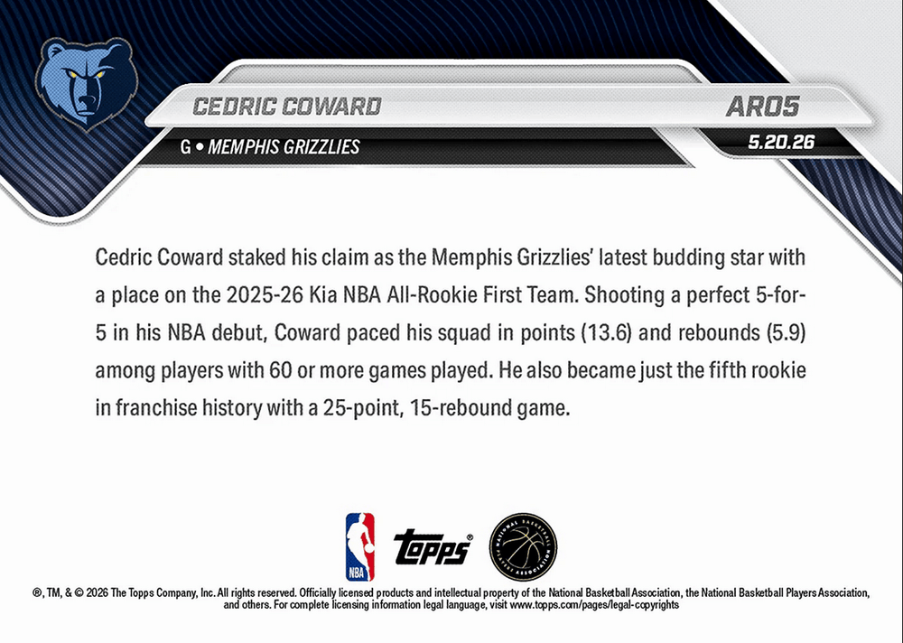 2025 Topps Now Cedric Coward #AR05 2025-26 KIA NBA All Rookie First Team Selection Memphis Grizzlies Rookie RC Basketball Card