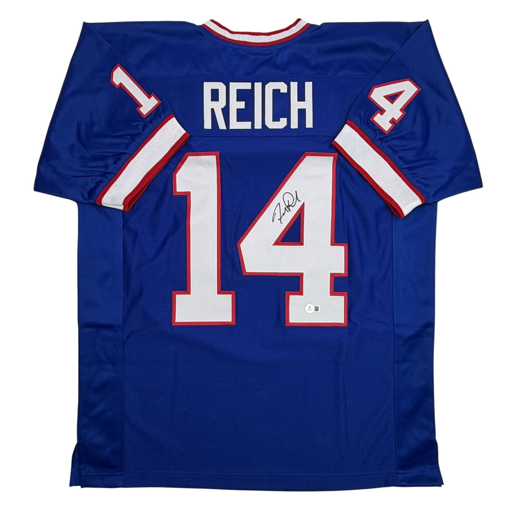 Autographed/Signed Frank Reich Buffalo Blue Football Jersey Beckett BAS COA (ONLINE ORDER ONLY)