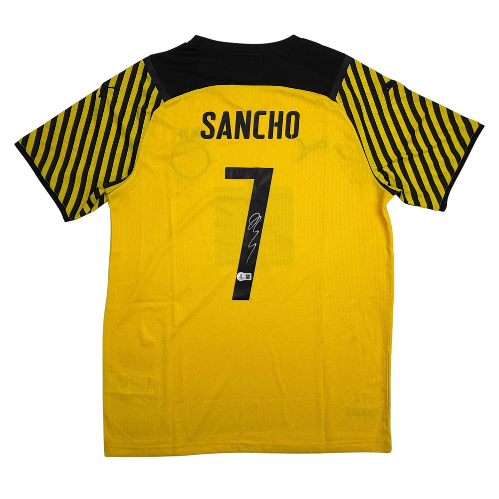 Autographed/Signed Jadon Sancho Borussia Dortmund Yellow Soccer Futbol Jersey Beckett BAS COA (ONLINE ORDER ONLY)