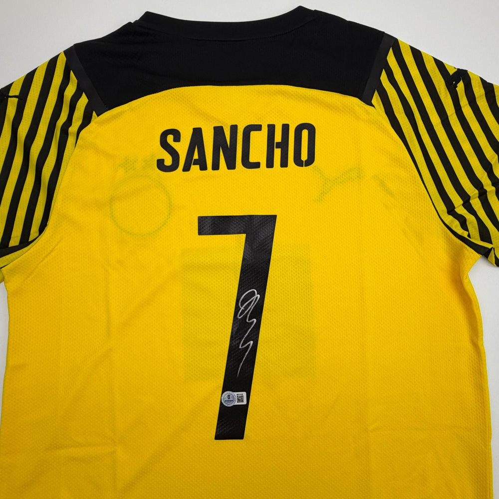 Autographed/Signed Jadon Sancho Borussia Dortmund Yellow Soccer Futbol Jersey Beckett BAS COA (ONLINE ORDER ONLY)