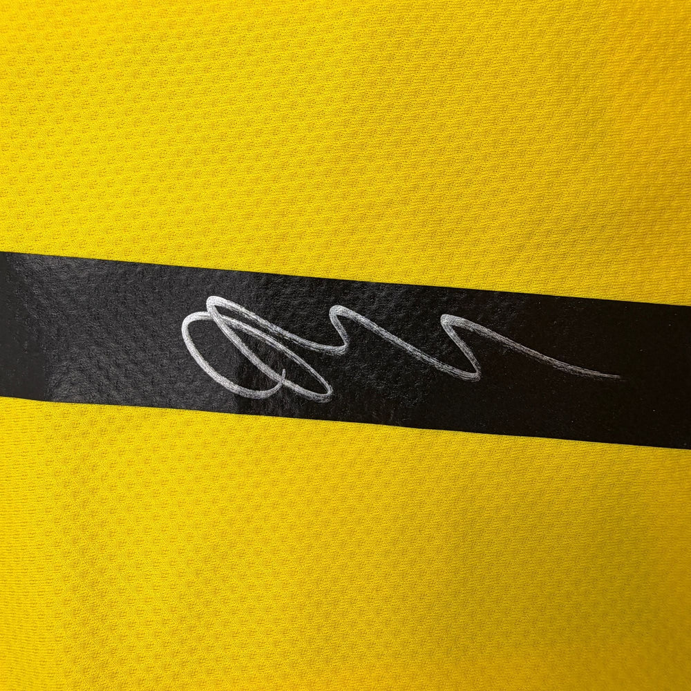 Autographed/Signed Jadon Sancho Borussia Dortmund Yellow Soccer Futbol Jersey Beckett BAS COA (ONLINE ORDER ONLY)