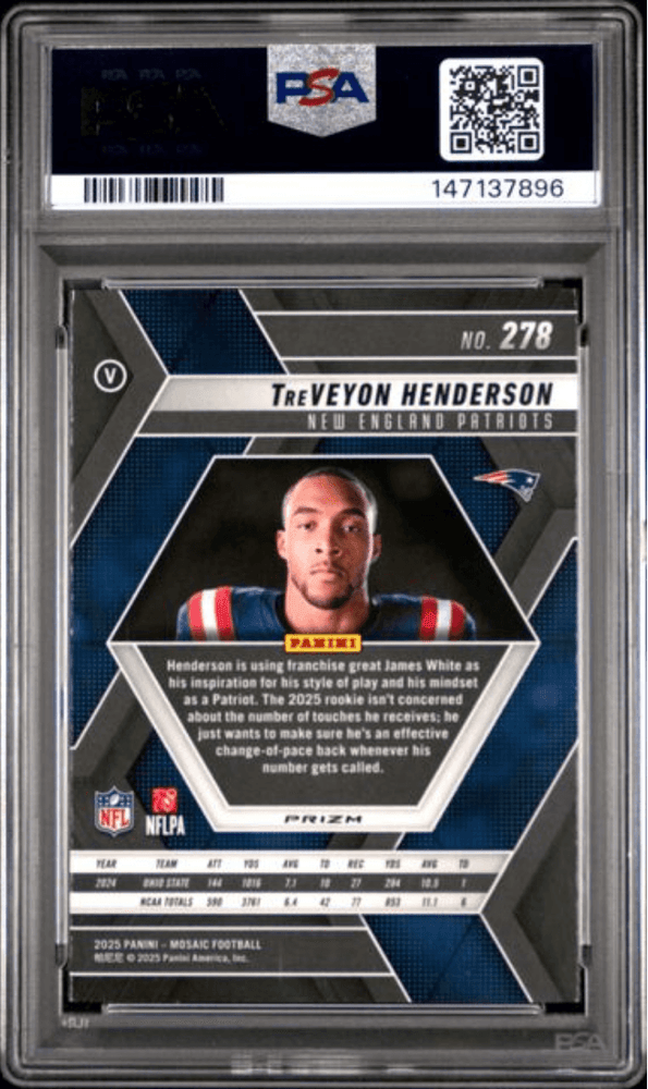 Graded 2025 Panini Mosaic TreVeyon Henderson #278 Mosaic Rookie RC Football Card PSA 10 Gem Mint